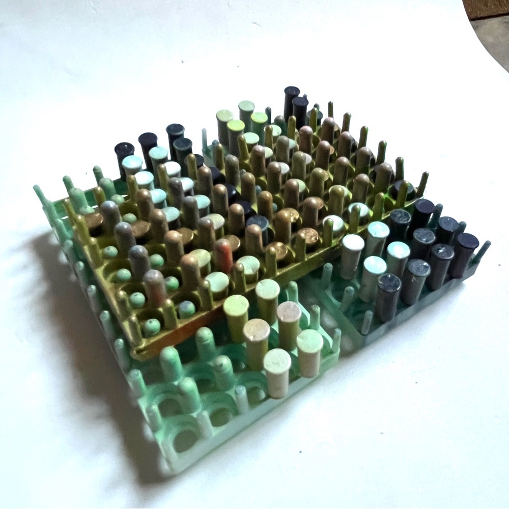 Colorful Mixed Media Art Piece brass & plastic- blues & greens & gold